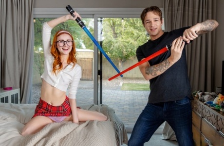 Nerdy redheaded teen Scarlet Skies has sex with her stepbrother in glasses