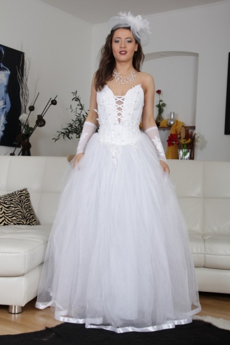 Brunette bride Savannah Secret lifts her wedding dress up and show hairy twat