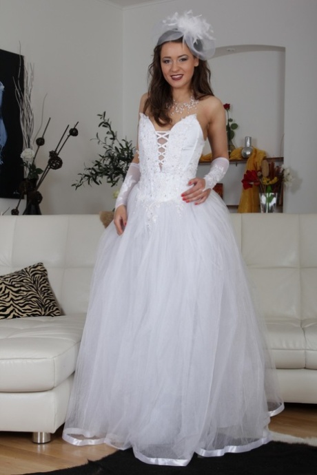 Brunette bride Savannah Secret lifts her wedding dress up and show hairy twat