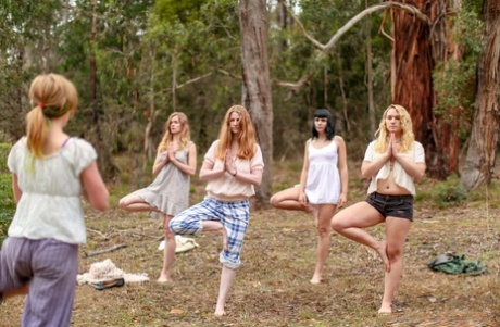 Gorgeous Australian girls practicing yoga in their hot outfits in nature
