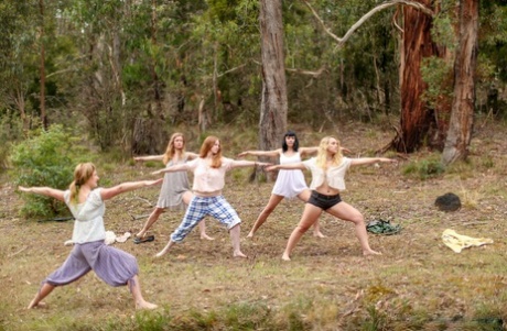 Gorgeous Australian girls practicing yoga in their hot outfits in nature