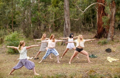 Gorgeous Australian girls practicing yoga in their hot outfits in nature